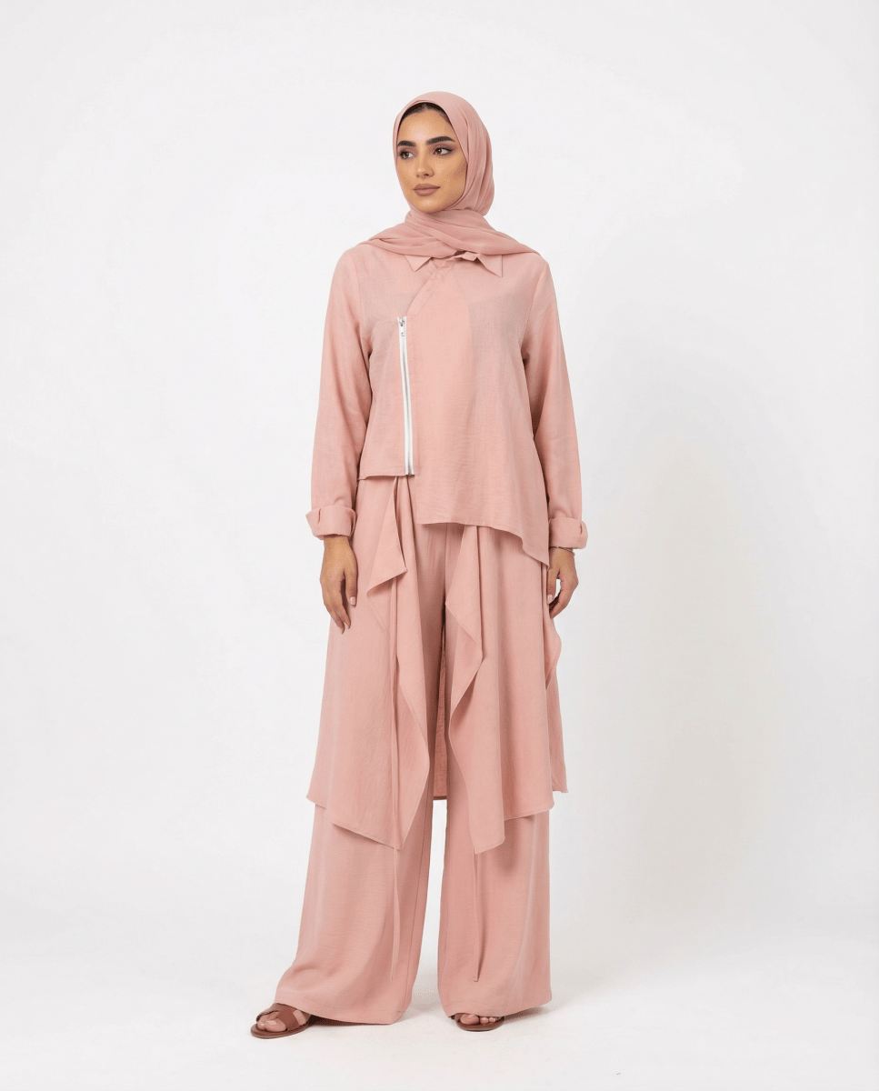 3 - Piece Textured Set – Layered Tunic, Wide Pants & Cropped Jacket - afroda