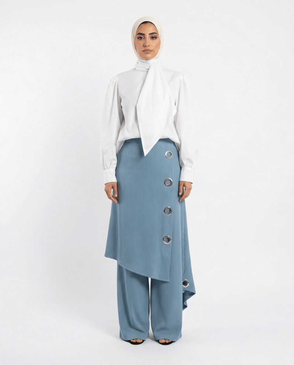 Layered Pinstripe Skirt - Pants Set with Asymmetrical Shirt - afroda