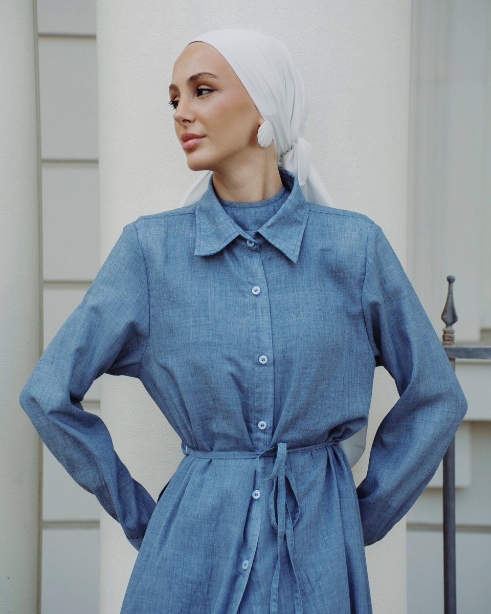Piece Chambray Set – Tie - Waist Dress with Sleeveless Inner & Overshirt - afroda