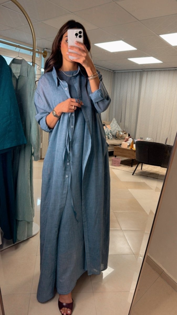 Piece Chambray Set – Tie - Waist Dress with Sleeveless Inner & Overshirt - afroda