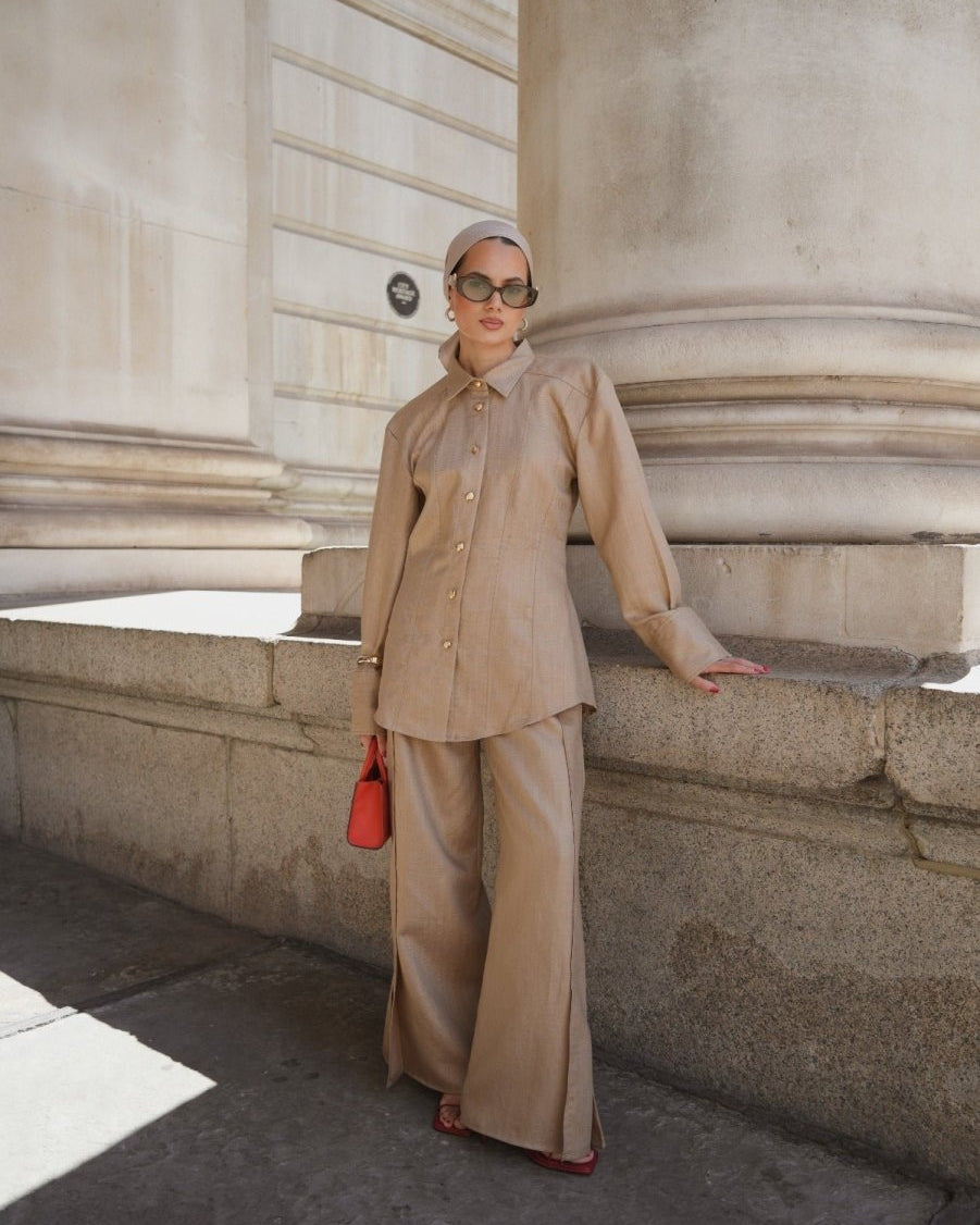 Tailored Satin Set – Sculpted Shirt & Slit Pants - afroda