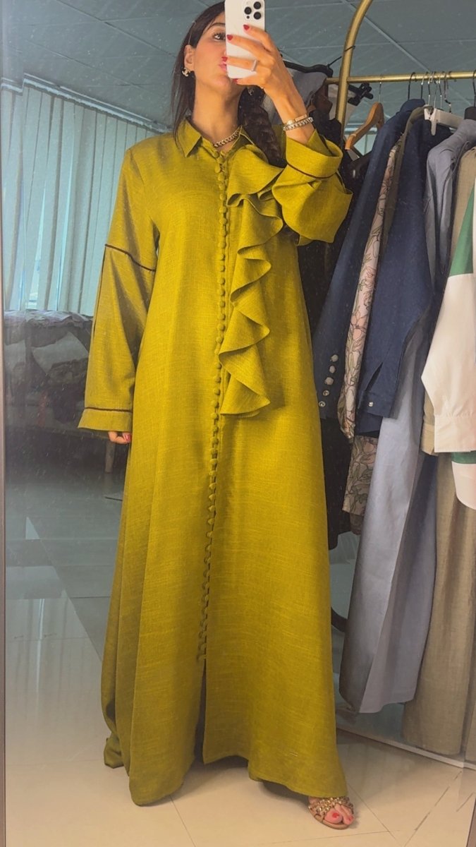 The Chartreuse Ruffled Shirt Abaya - afroda