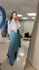 Layered Pinstripe Skirt - Pants Set with Asymmetrical Shirt - afroda