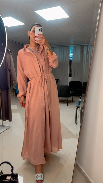 Piece Chambray Set – Tie - Waist Dress with Sleeveless Inner & Overshirt - afroda