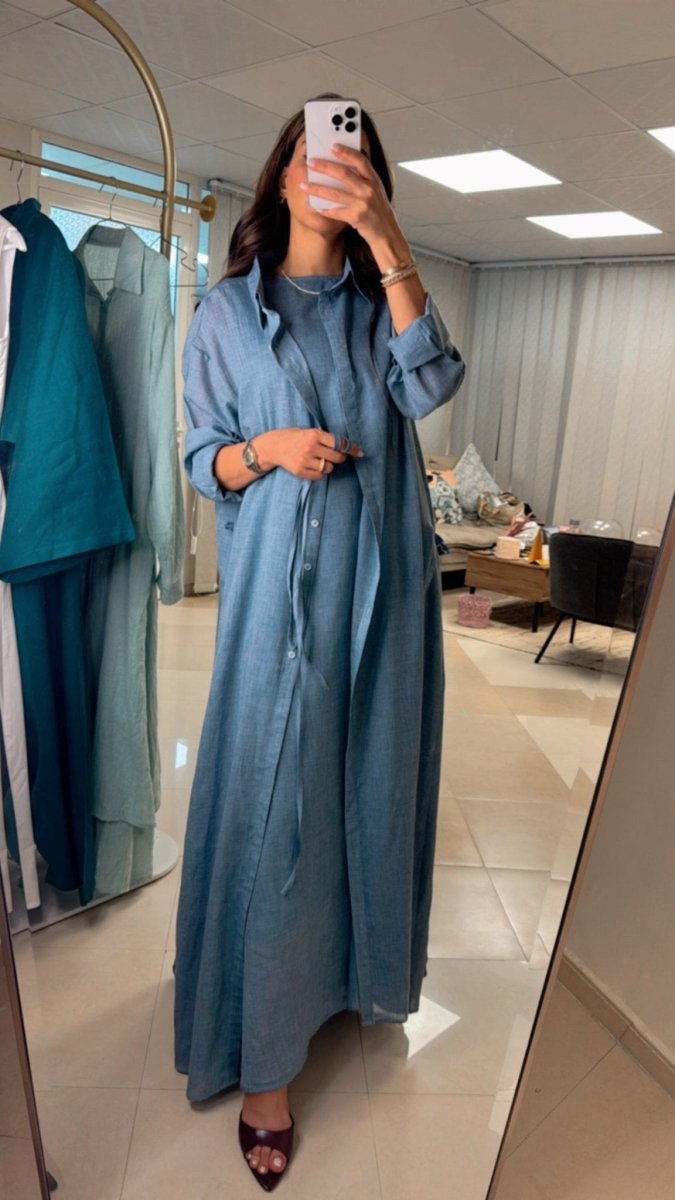 Piece Chambray Set – Tie - Waist Dress with Sleeveless Inner & Overshirt - afroda