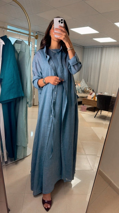Piece Chambray Set – Tie - Waist Dress with Sleeveless Inner & Overshirt - afroda