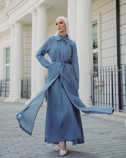 Piece Chambray Set – Tie - Waist Dress with Sleeveless Inner & Overshirt - afroda