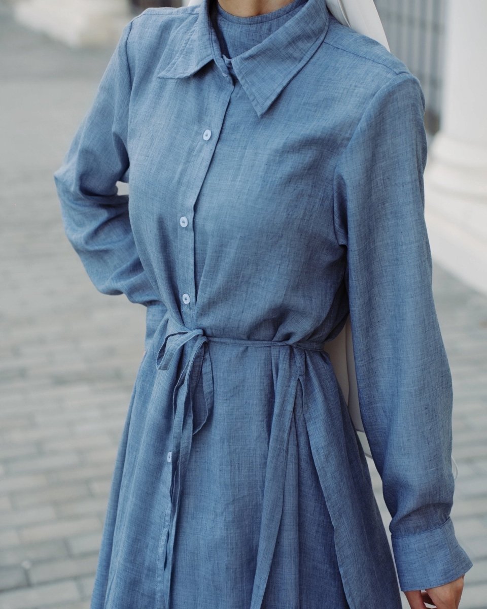 Piece Chambray Set – Tie - Waist Dress with Sleeveless Inner & Overshirt - afroda