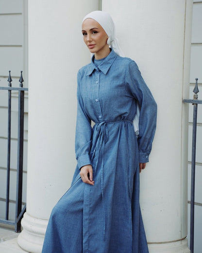 Piece Chambray Set – Tie - Waist Dress with Sleeveless Inner & Overshirt - afroda
