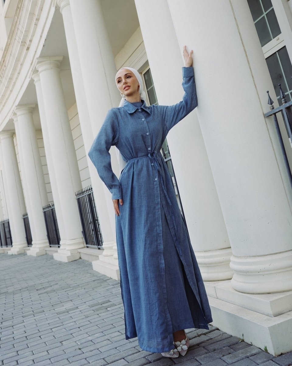 Piece Chambray Set – Tie - Waist Dress with Sleeveless Inner & Overshirt - afroda