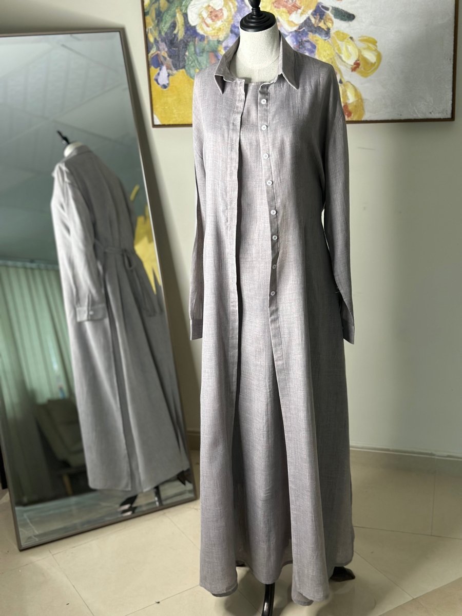 Piece Chambray Set – Tie - Waist Dress with Sleeveless Inner & Overshirt - afroda