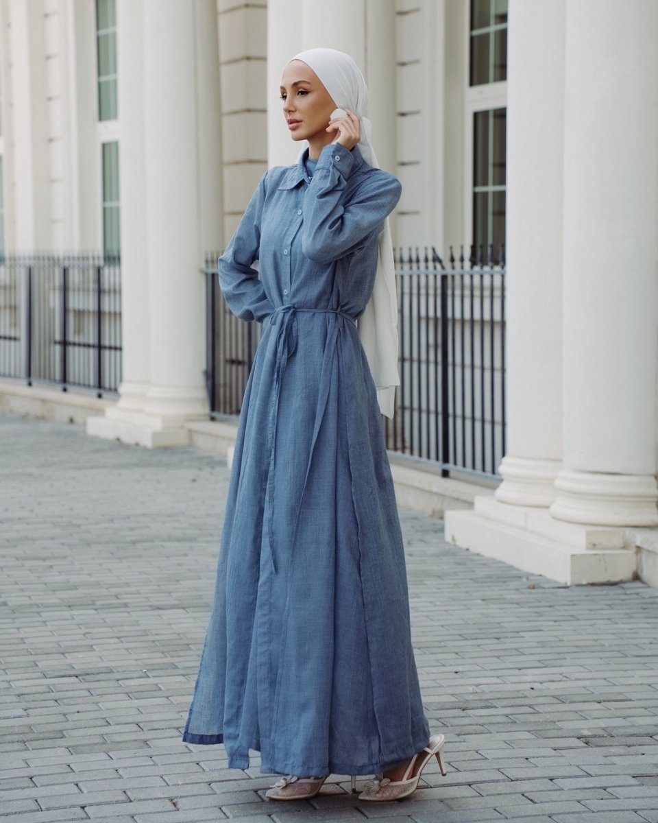Piece Chambray Set – Tie - Waist Dress with Sleeveless Inner & Overshirt - afroda