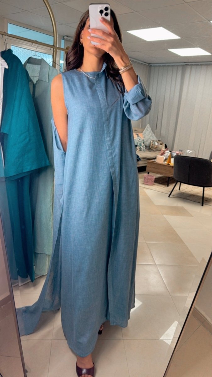 Piece Chambray Set – Tie - Waist Dress with Sleeveless Inner & Overshirt - afroda