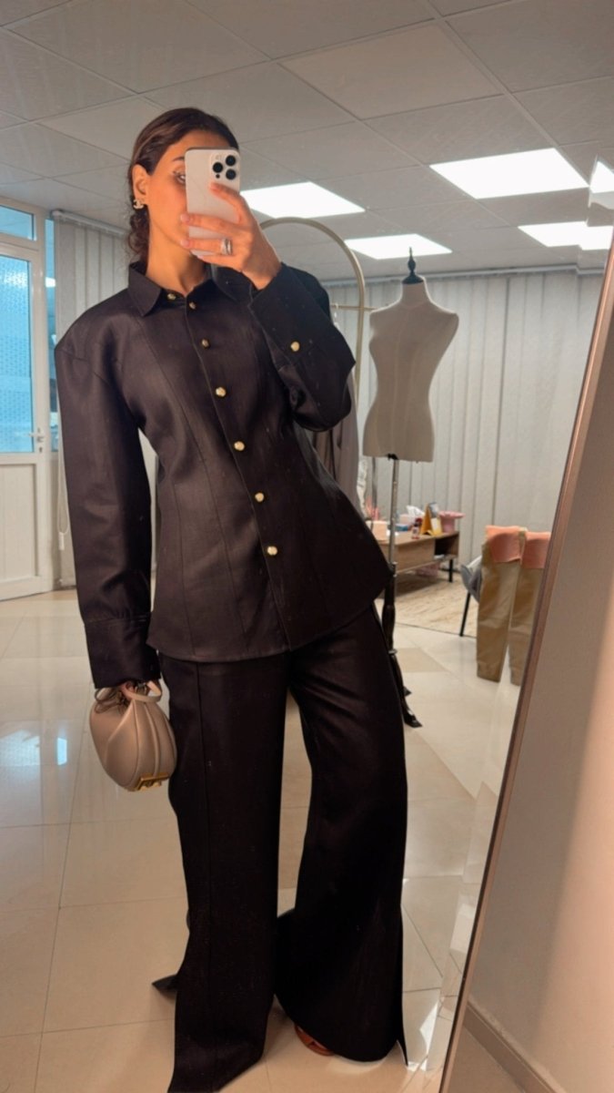 Tailored Satin Set – Sculpted Shirt & Slit Pants - afroda