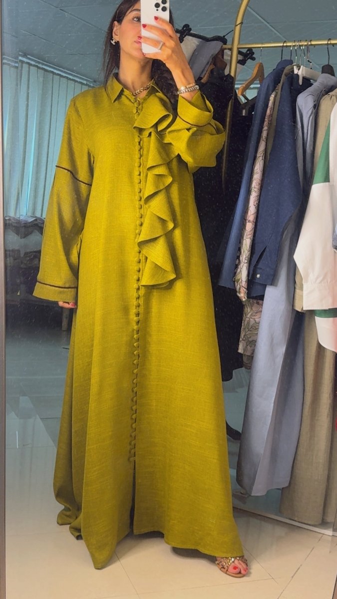 The Chartreuse Ruffled Shirt Abaya - afroda