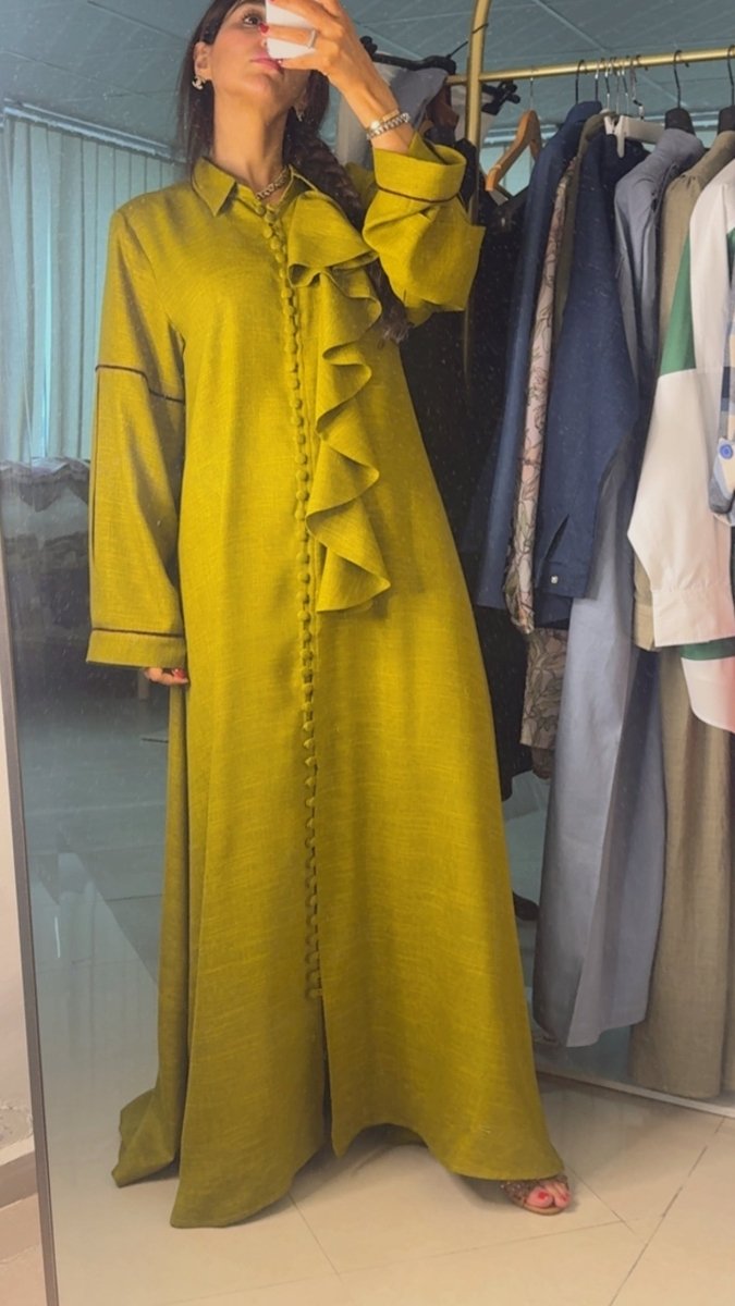 The Chartreuse Ruffled Shirt Abaya - afroda